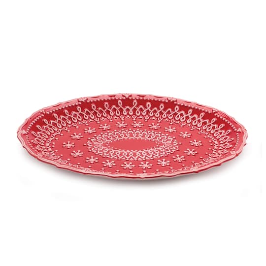 Melrose 12" Red & White Embossed Ceramic Snowflake Platters, 2ct.